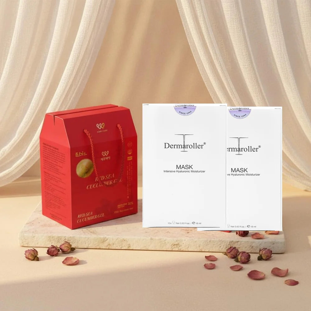 Skin Nourishing and Beautifying Set (1 box of Jeju Island Red Sea Cucumber Repair Gel from Korea + 2 boxes of Hyaluronic Acid Hydrating, Moisturizing, and Repairing Emergency Mask) 